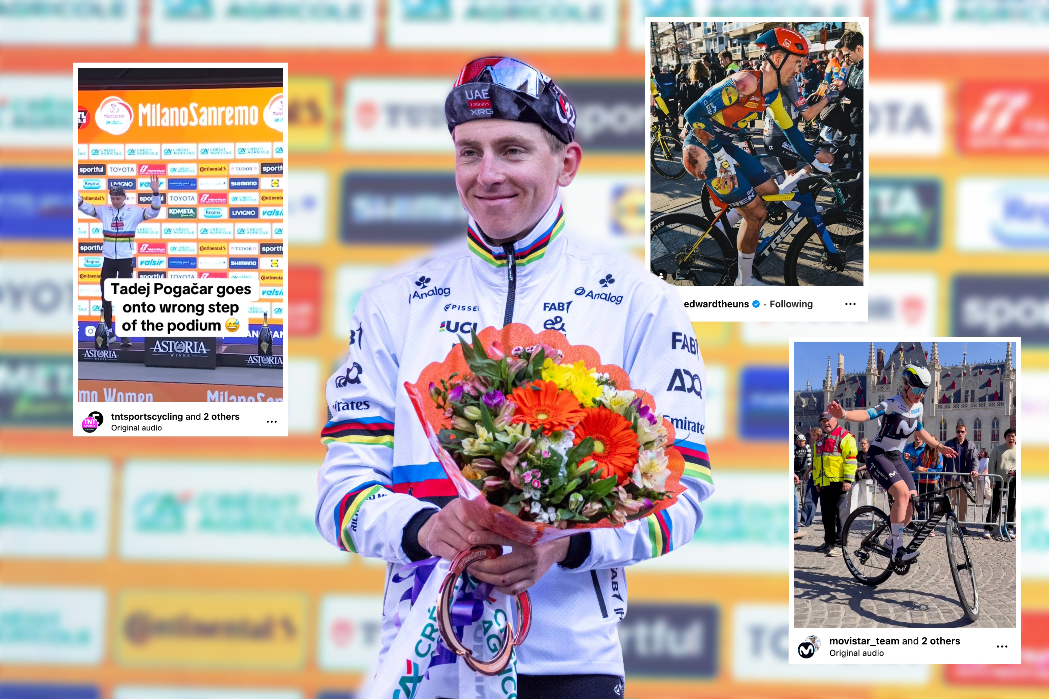Tadej Pogačar on the podium at Milan-San Remo