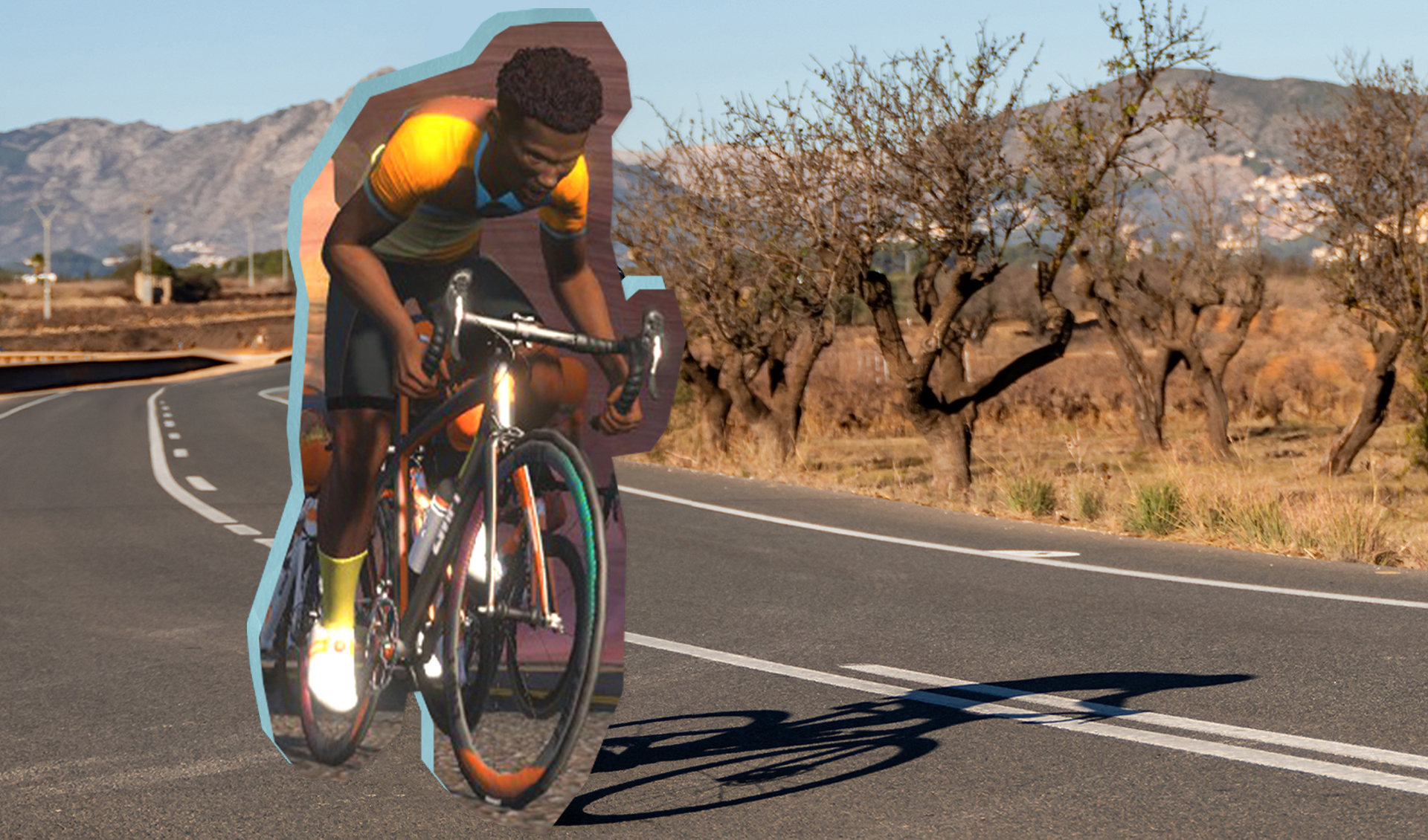 Zwift avatar superimposed on the road